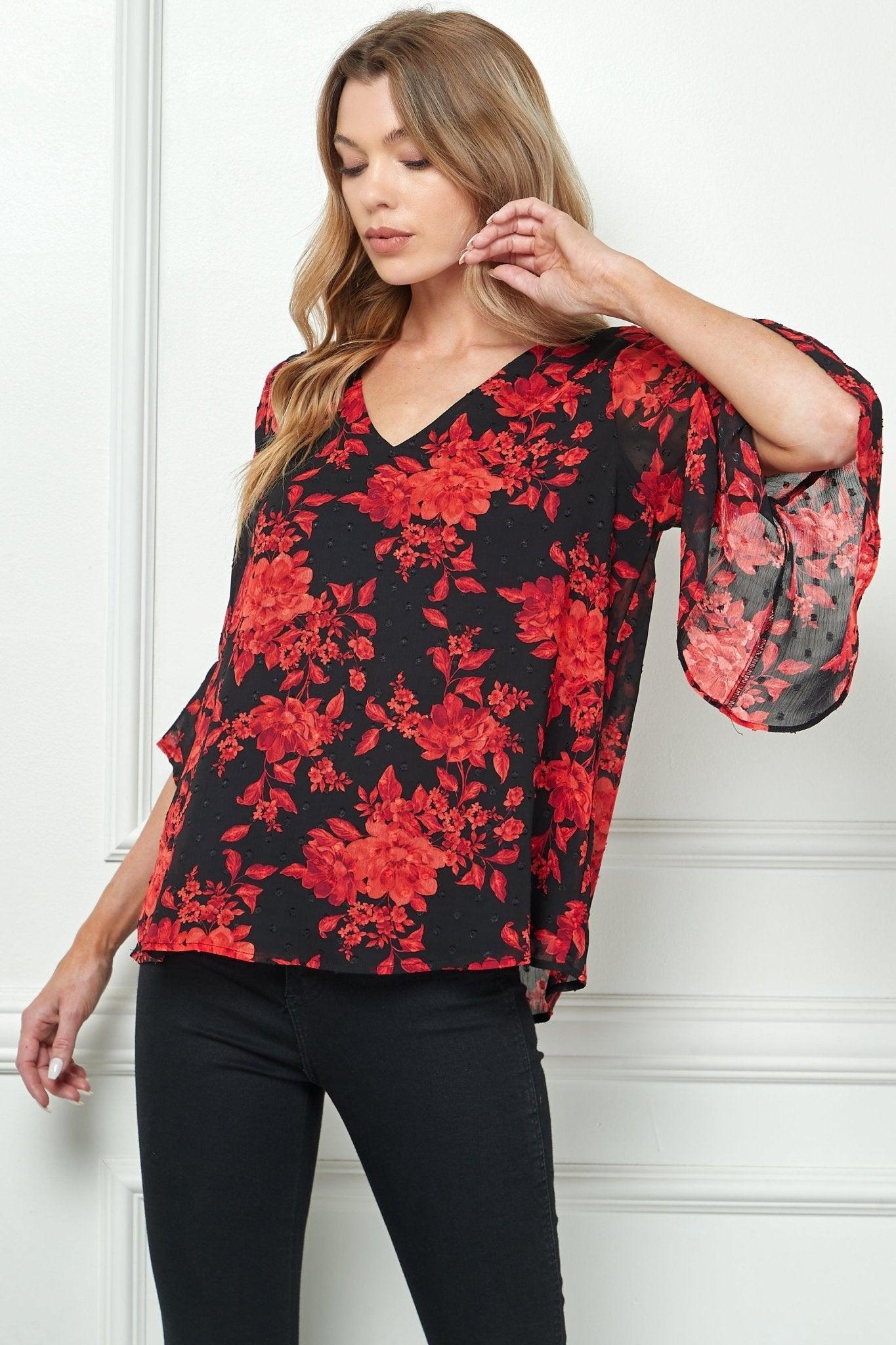 3/4 Quarter Ruffle Sleeve V-Neck Swing Blouse, Black/Wine/Red Product Image