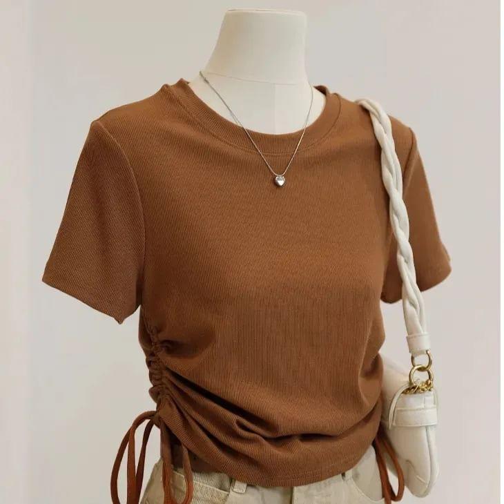 Short-Sleeve Crew Neck Plain Lace Up T-Shirt Product Image