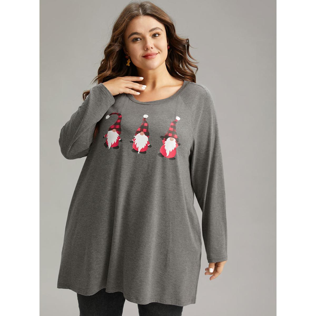 Plus Size Santa Claus Print Long Sleeve T-shirt Gray Women Casual Printed Christmas Dailywear T-shirts BloomChic 18-20/2X Product Image