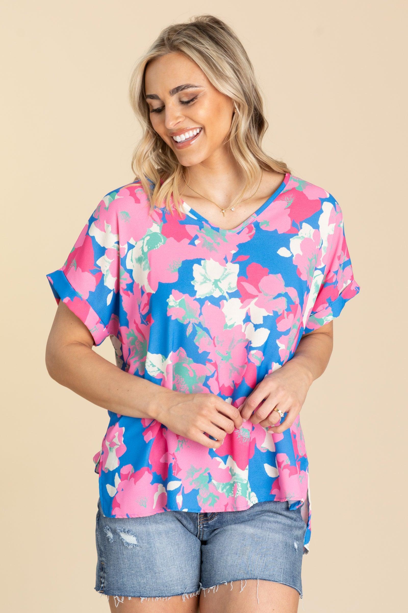 Blue and Pink Floral Print Woven Top Product Image