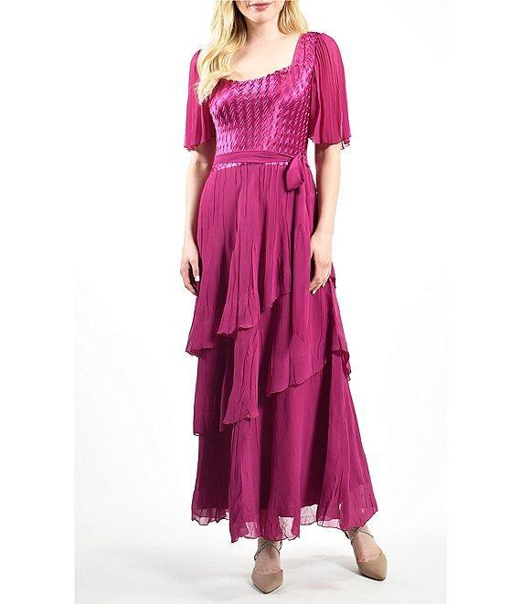Komarov Square Neck Tiered Bottom Chiffon Sleeve Gown Product Image