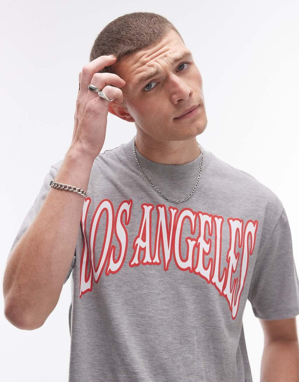 Topman premium oversized fit T-shirt with Los Angeles print in gray heather Product Image