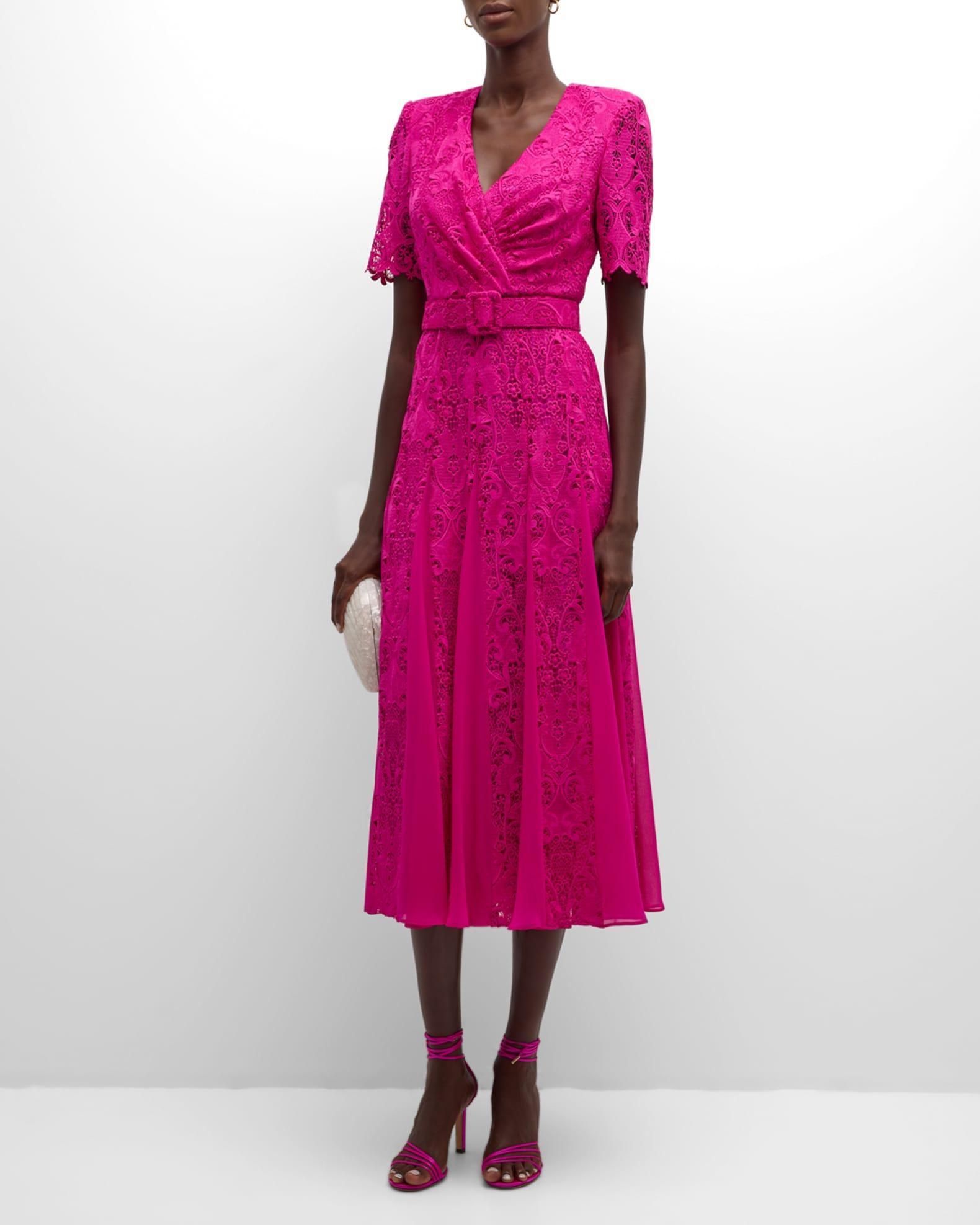 Belted Lace Godet Midi Dress Product Image