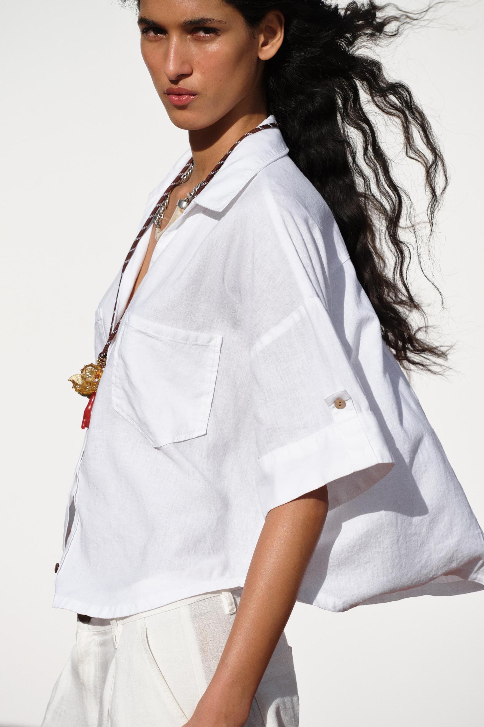 LINEN BLEND CROPPED SHIRT Product Image