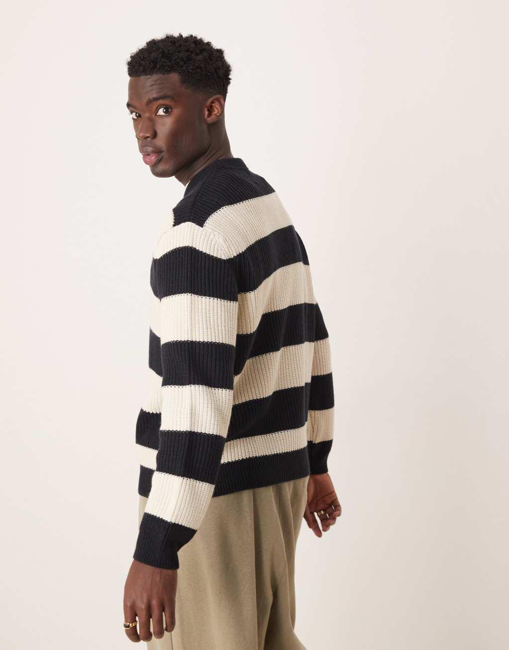 ASOS DESIGN oversized boxy fit rib knit fisherman sweater with stripes in navy Product Image