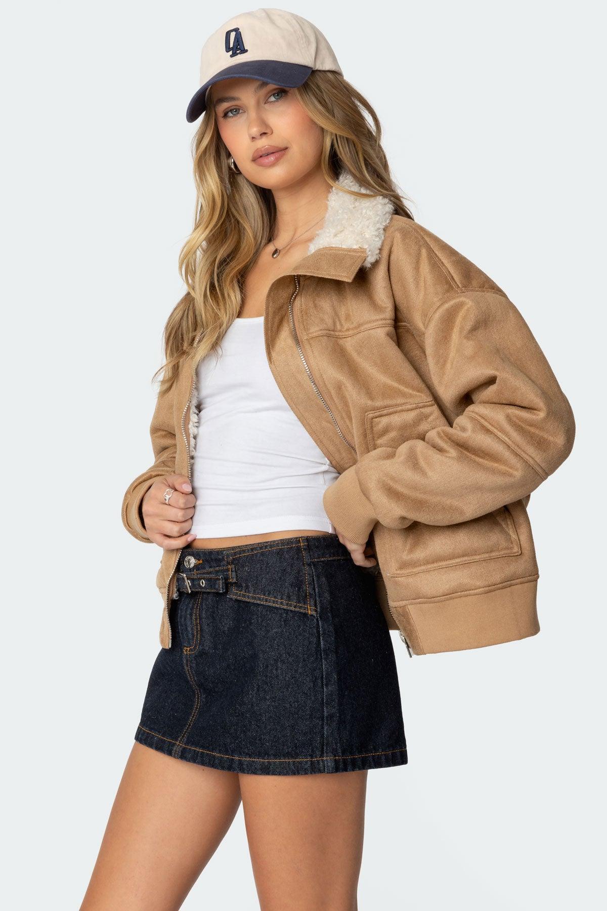 Faux Suede Shearling Bomber Jacket Product Image