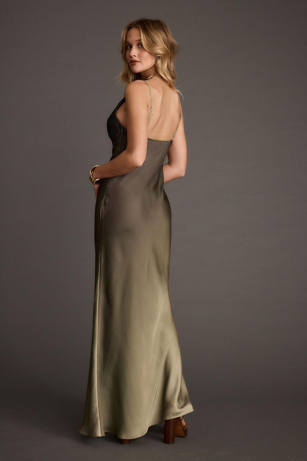 Mirabella Olive Satin Ombre Maxi Dress Product Image