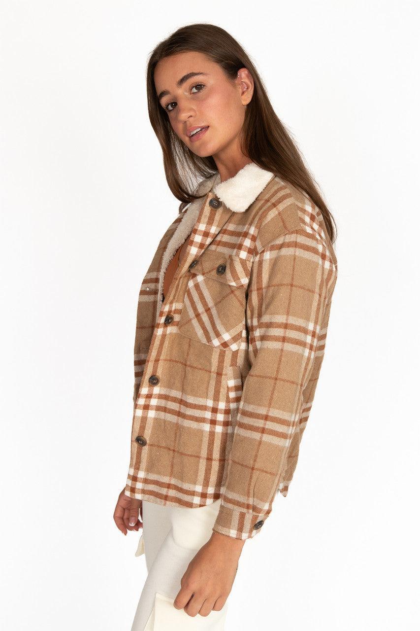 Camel Sherpa Collar Plaid Trucker Jacket Product Image