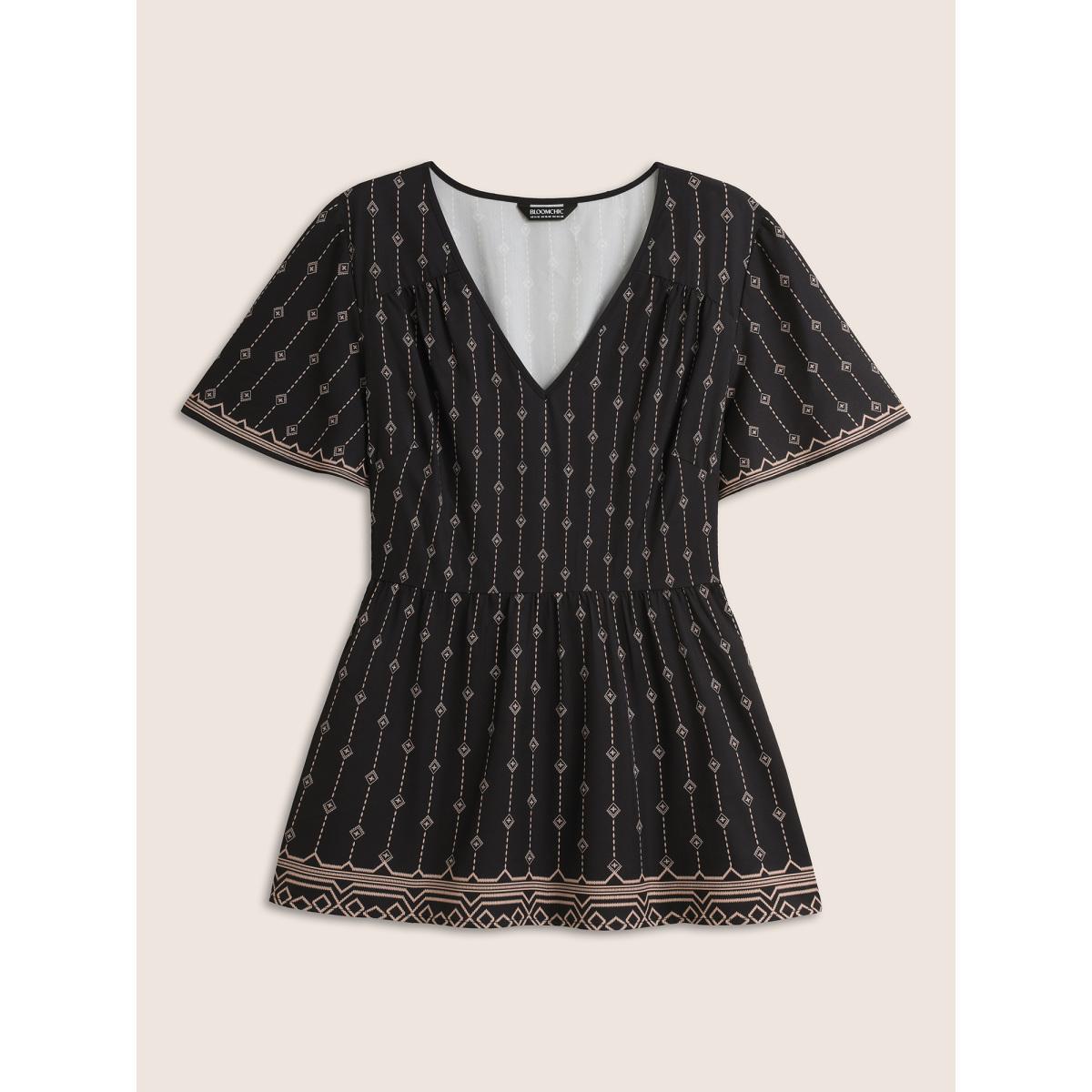 Plus Size Black V Neck Boho Print Flutter Sleeve Blouse Women Resort Short sleeve V-neck Vacation Blouses BloomChic 18-20/2X Product Image