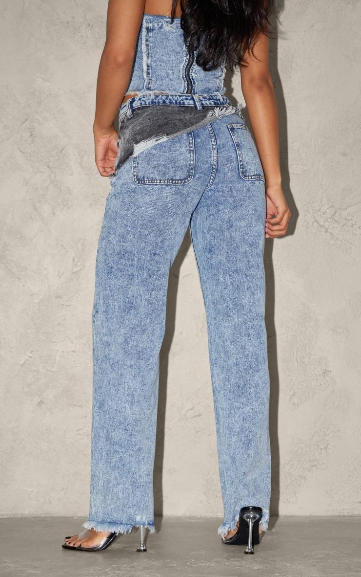 Mid Blue Acid Wash Layered Raw Hem Straight Leg Jeans Product Image