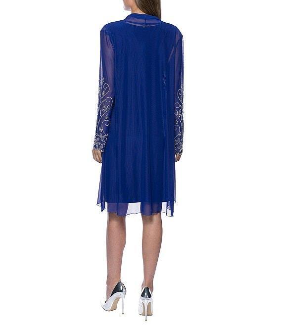Marina Beaded Long Sleeve Round Neck Matte Jersey 2-Piece Jacket Dress Product Image