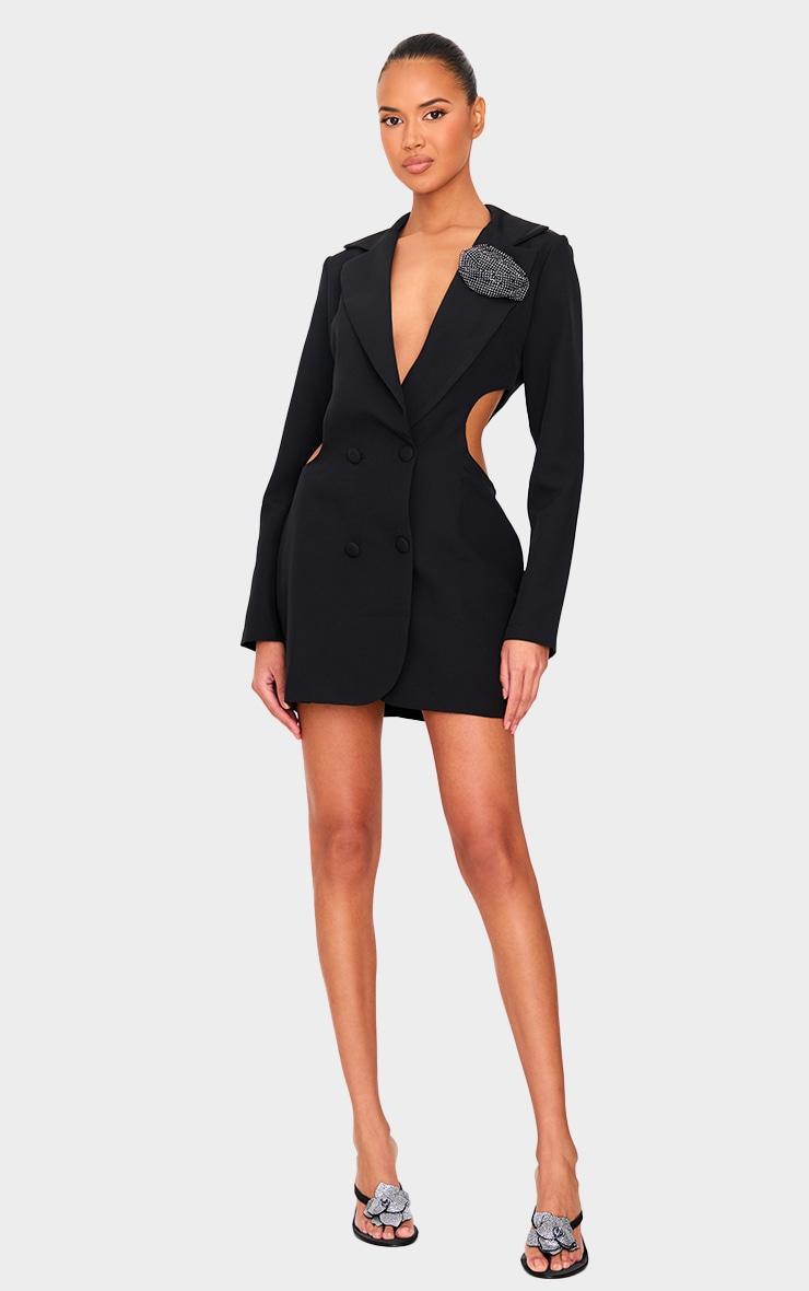 Black Woven Diamante Rose Cut Out Blazer Dress Product Image