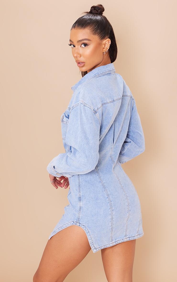 Light Blue Wash Seam Detail Long Sleeve Denim Dress Product Image