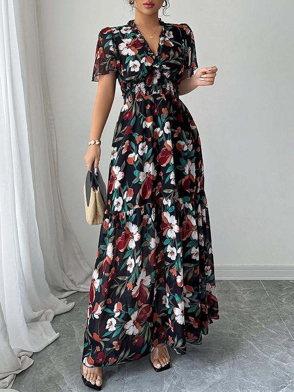 A-Line Loose Contrast Color Elasticity Flower Print Pleated V-Neck Maxi Dresses Product Image