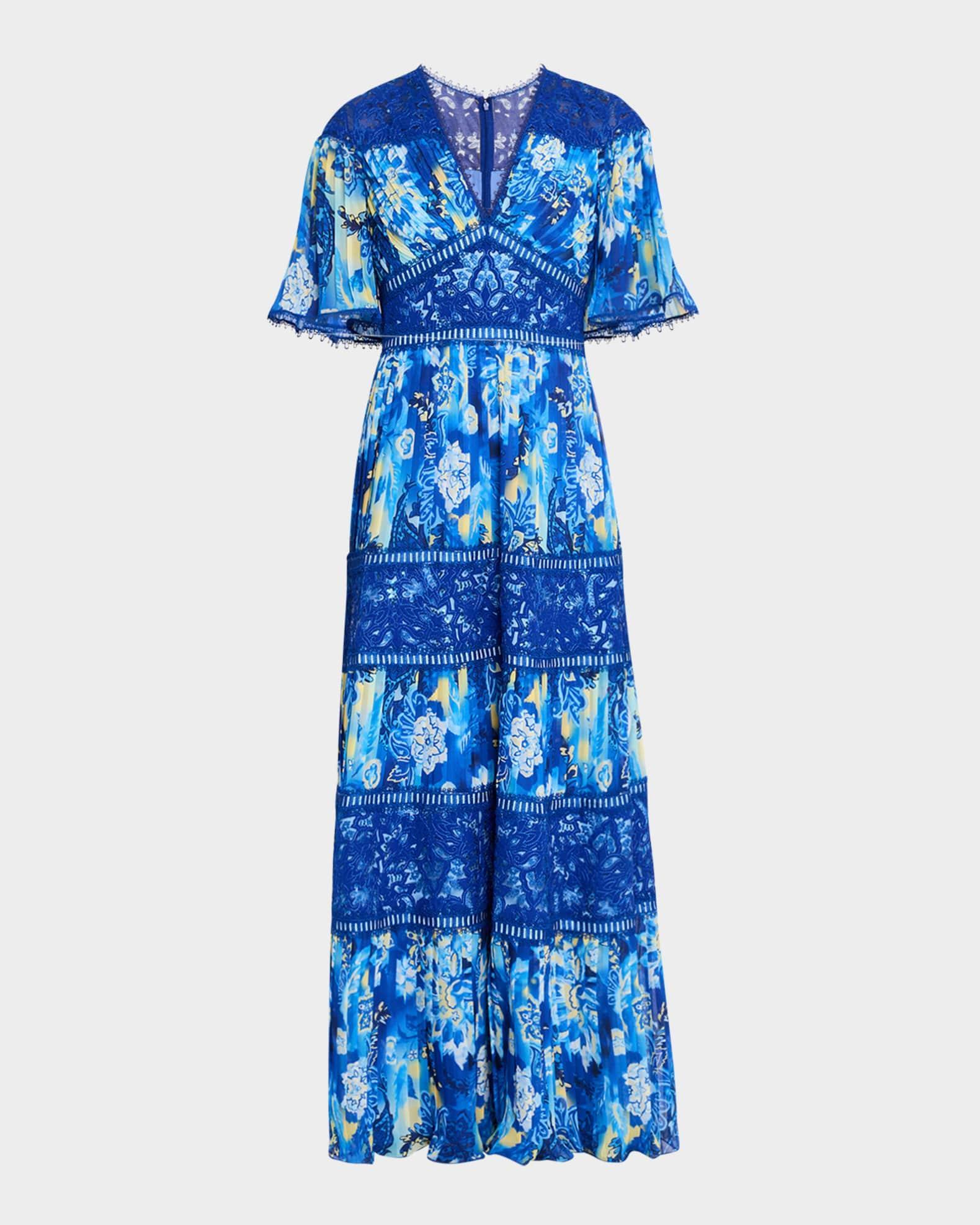 Tiered Lace-Trim Pleated Chiffon Gown Product Image