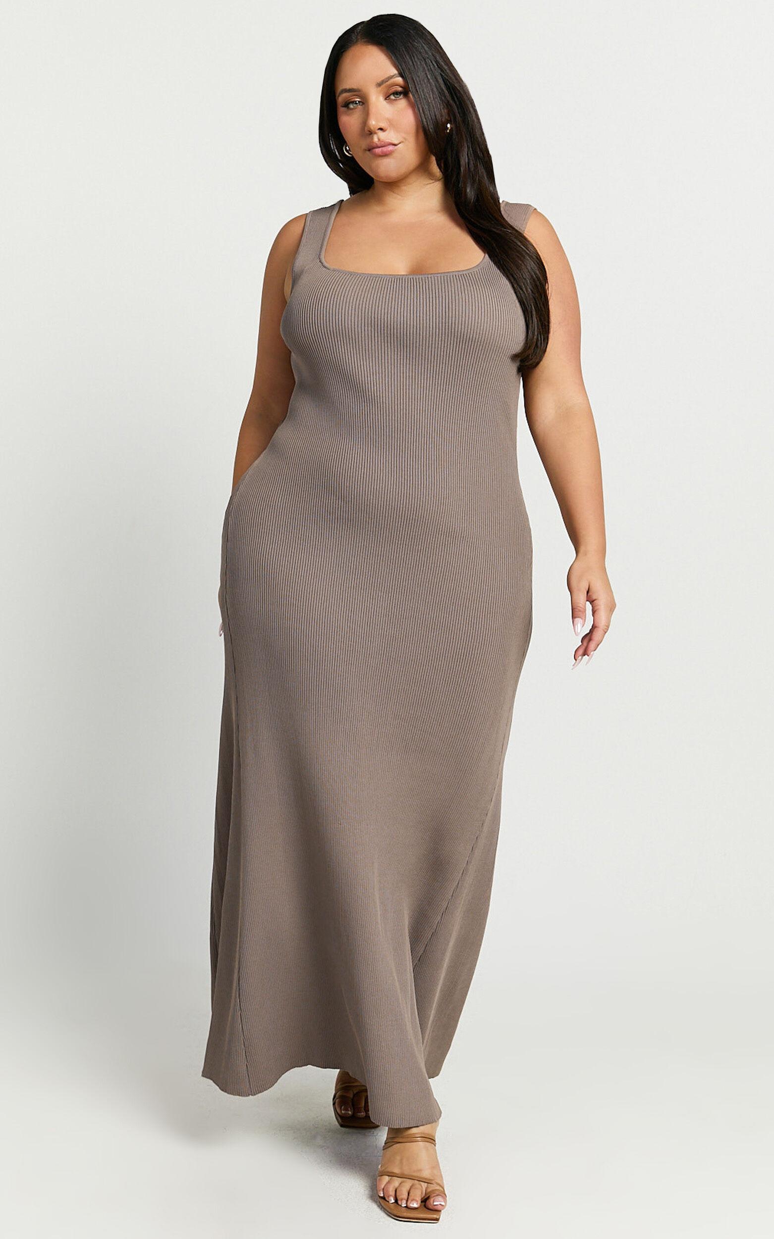 Shelley Maxi Dress - Knitted Scoop Neck Slip Dress in Taupe Product Image