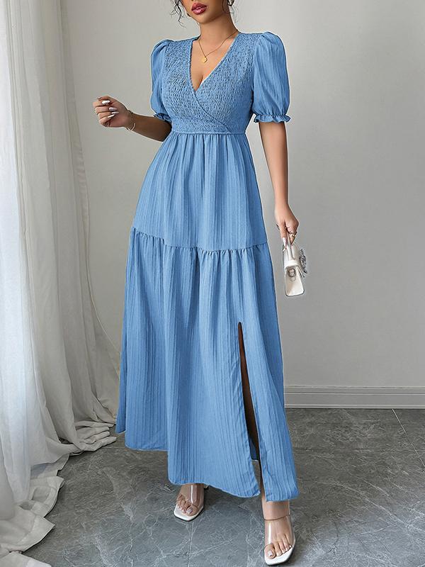 Half Sleeves High Waisted Pleated Solid Color Split-Front V-Neck Maxi Dresses Product Image