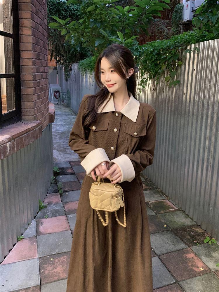 Collared Contrast Trim Button-Up Corduroy Crop Jacket / High Rise Plain Pleated Midi A-Line Skirt Product Image