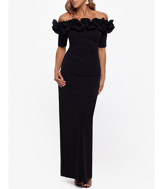 Xscape Petite Size Ruffled Off-the-Shoulder Short Sleeve Crepe Sheath Gown Product Image
