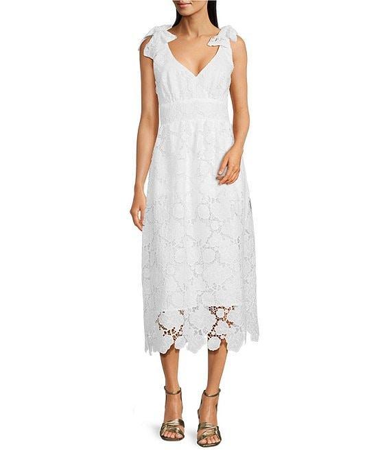 Layered With Love Dixie Lace V-Neck Sleeveless Tie Shoulder Scallop Hem Midi Dress Product Image