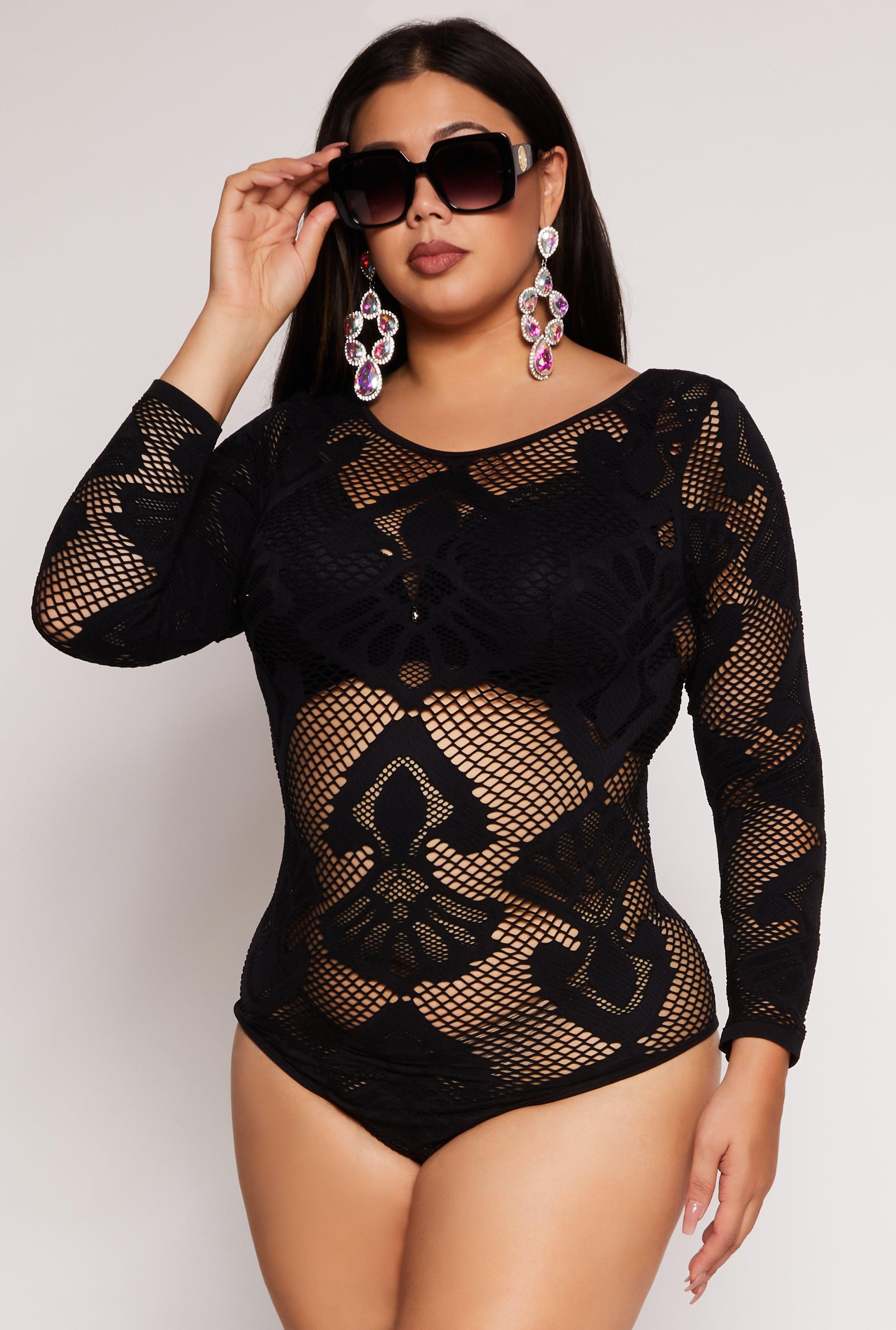 Womens Plus Size Seamless Lace Long Sleeve Bodysuit Product Image