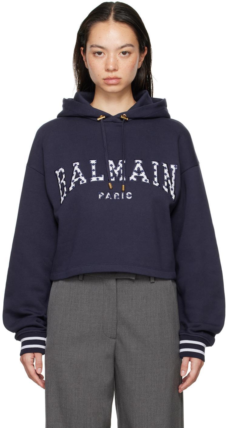 BALMAIN Navy Vichy Detail Cropped Hoodie In Smn Bleu Nuit/blanc Product Image