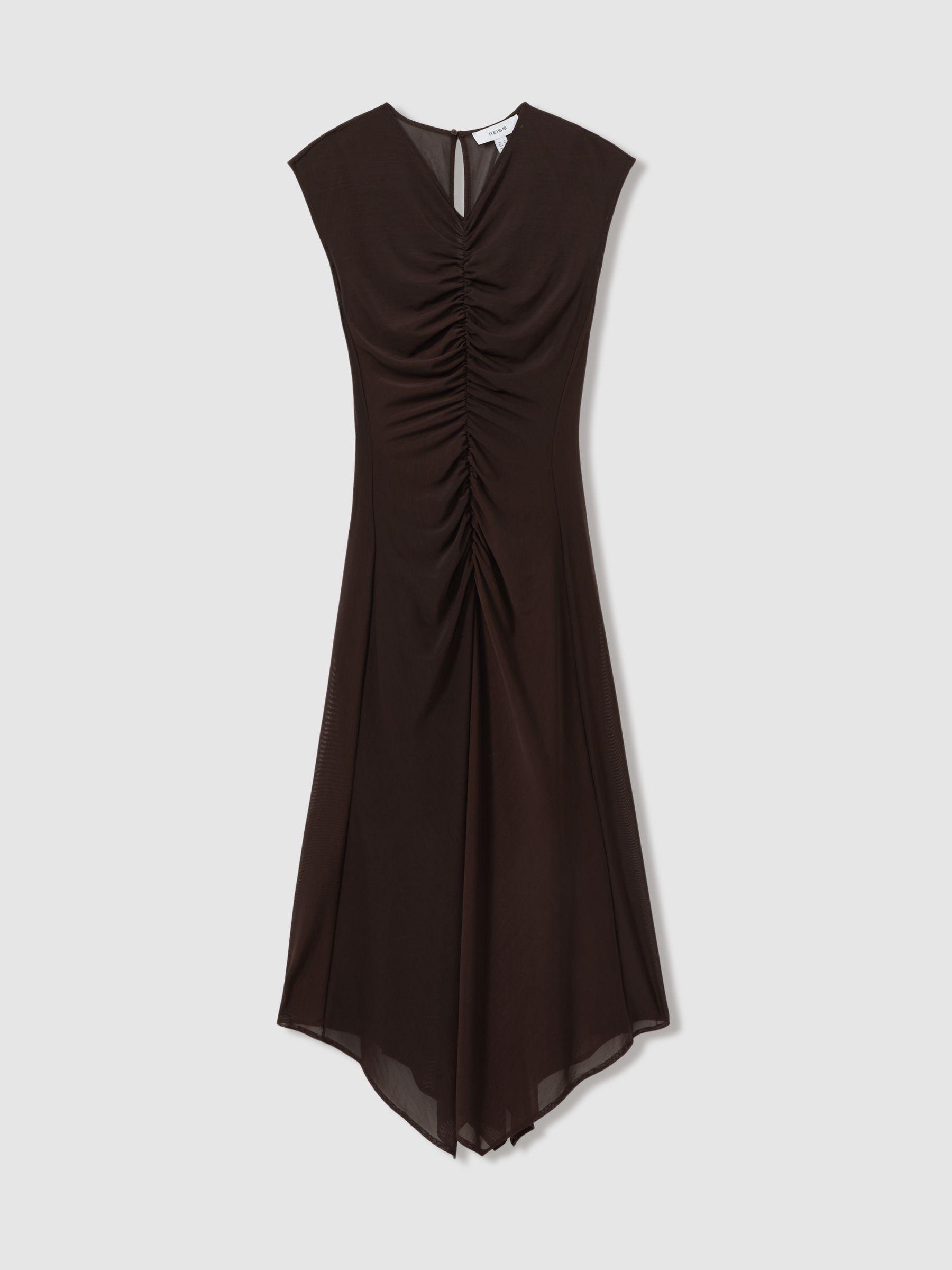 Mesh Ruched Midi Dress in Chocolate Product Image
