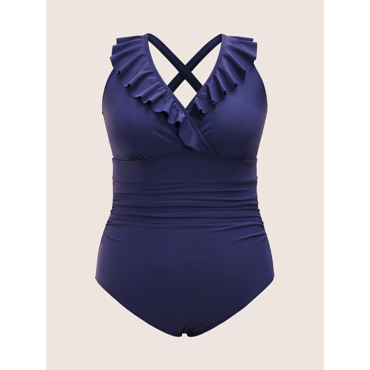 Plus Size Plain Ruffle Trim Gathered One Piece Swimsuit Women's Swimwear Navy Beach Gathered Curve Bathing Suits High stretch One Pieces BloomChic 14-16/1X Product Image