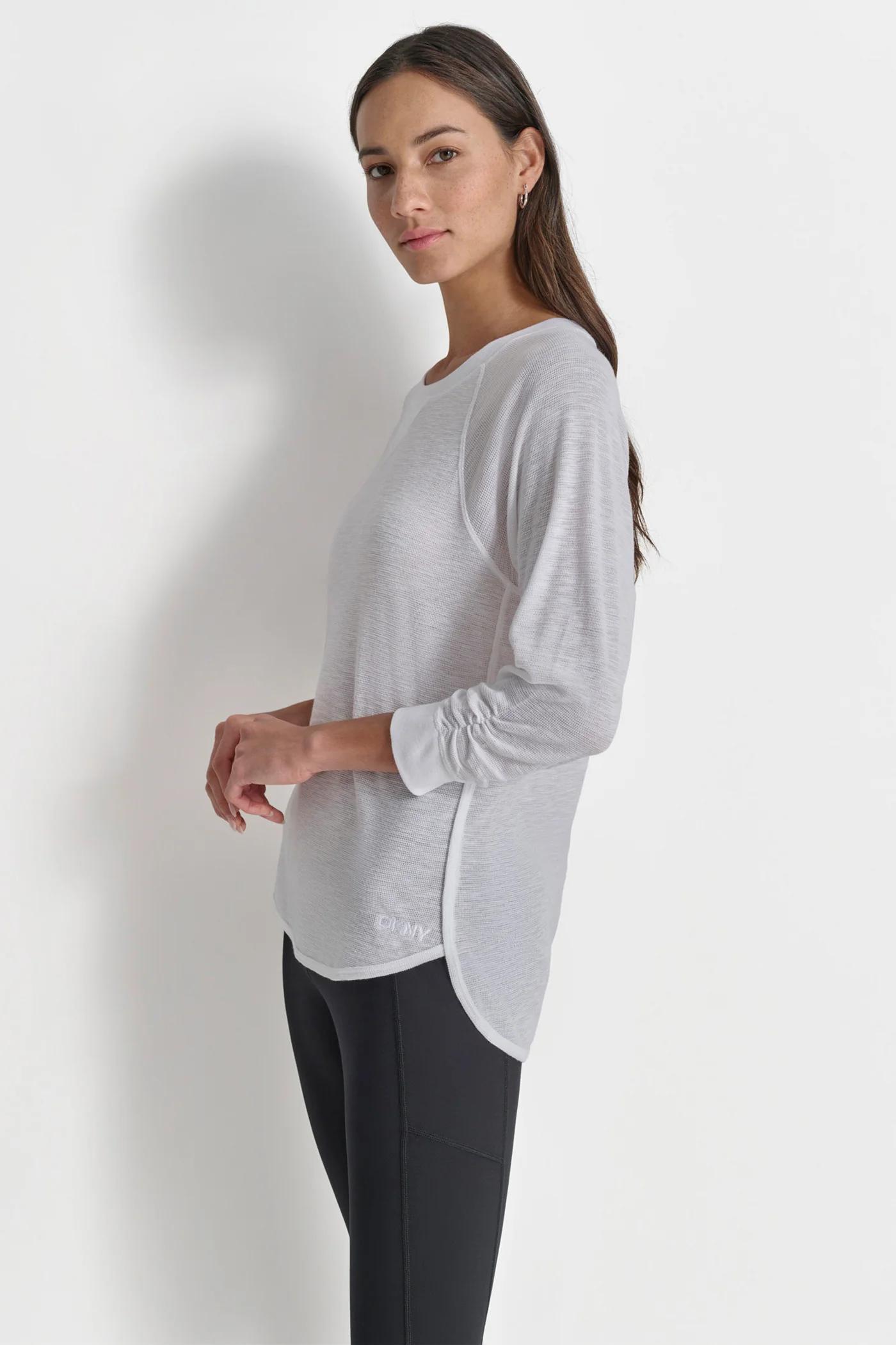 RUCHED 3/4-SLEEVE SLUB WAFFLE-KNIT TEE Product Image