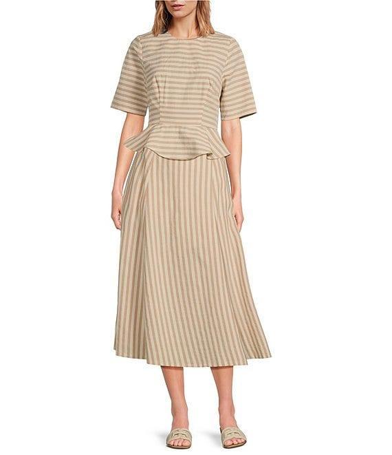 COREY LYNN CALTER Yolanda Woven Stripe Print Round Neck Short Sleeve Coordinating Peplum Top Product Image