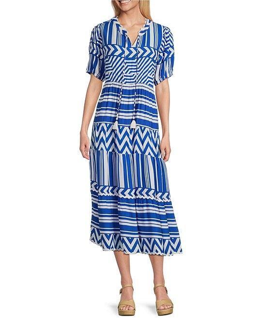 Multiples Split Round Neck Short Puff Sleeve Multi Tiered Printed Challis A-Line Midi Dress Product Image