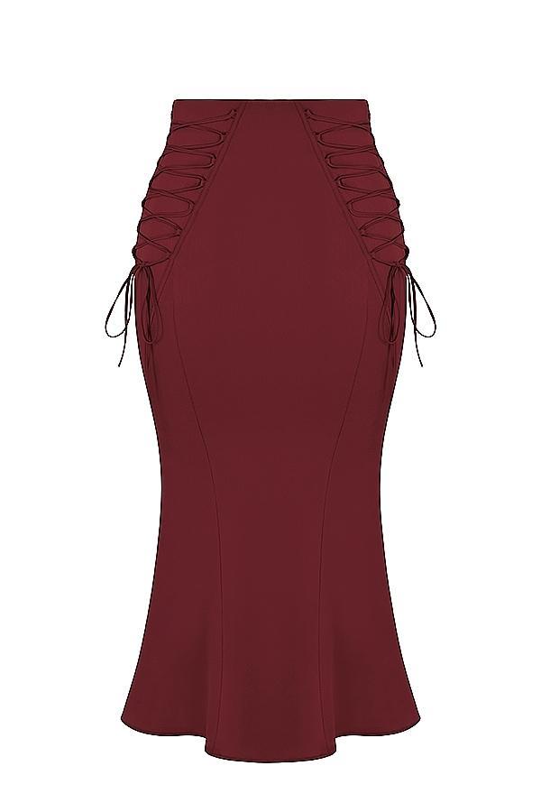 Sidonie Wine Satin Lace Up Midi Skirt Product Image