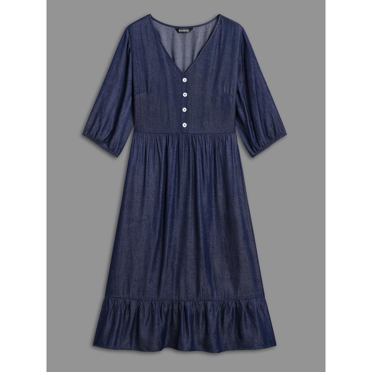 Plus Size V-Neck Button Tiered Maxi Dress Mediumblue Women Casual Button V-neck Elbow-length sleeve Curvy BloomChic 12/L Product Image