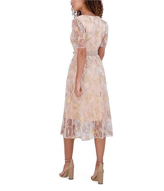 Kensie Embroidered Lace Mesh V-Neck Short Sleeve Self Tie Belt A-Line Midi Dress Product Image
