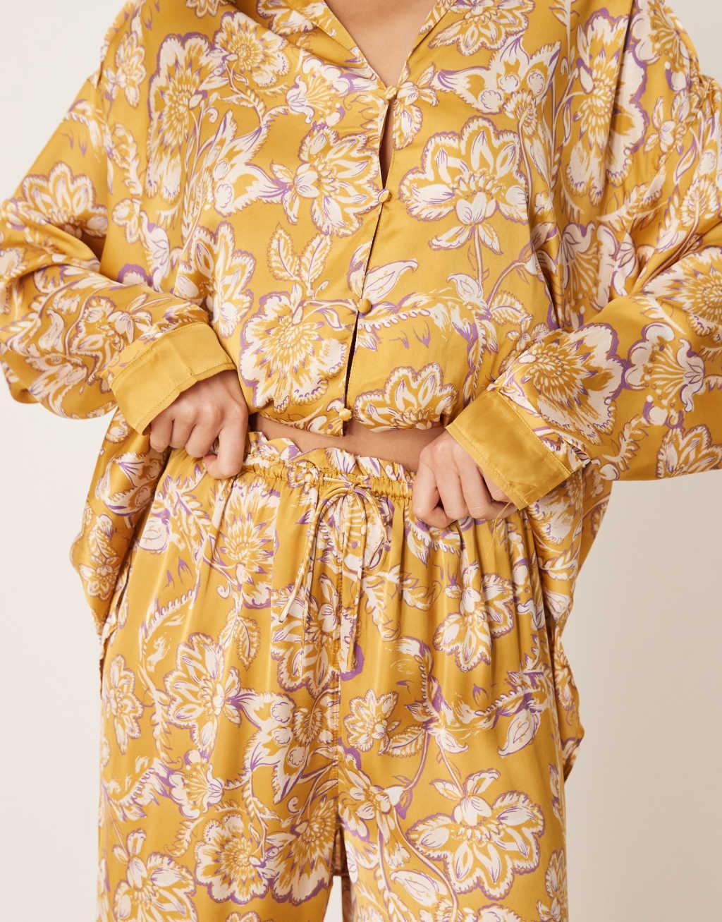 Free People Dreamy Days floral print satin pajama set in gold Product Image