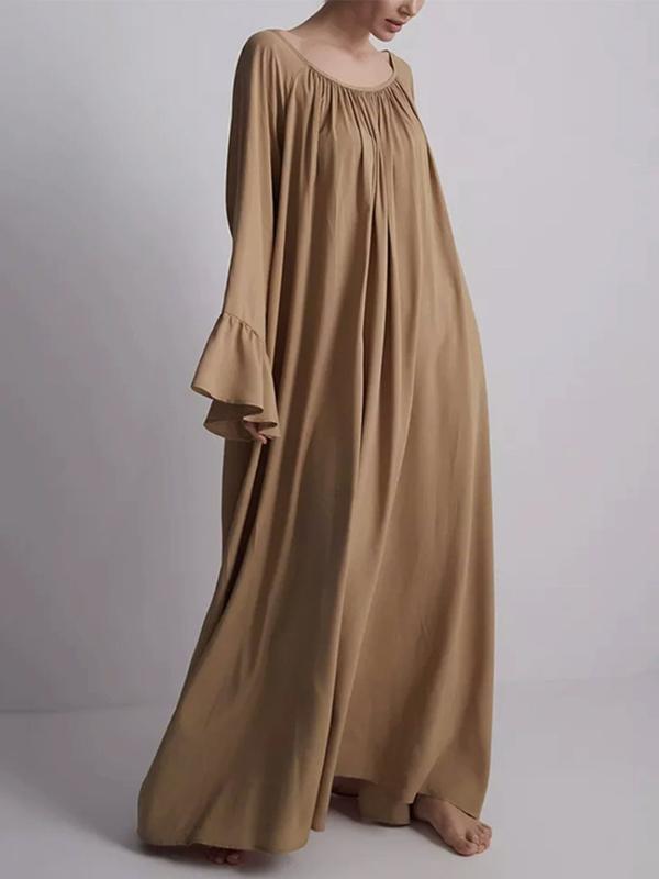Flared Sleeves Loose Pleated Solid Color Split-Joint Round-Neck Maxi Dresses Product Image