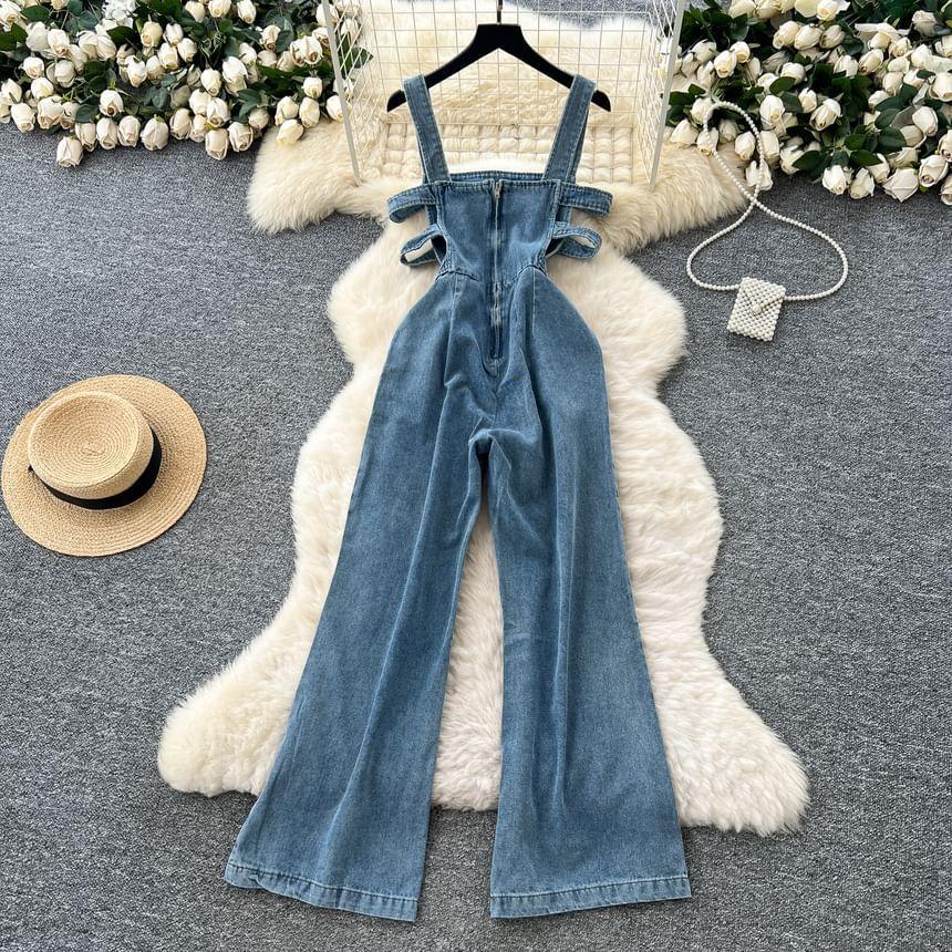 Sleeveless Buttoned Denim Wide Leg Jumpsuit Product Image