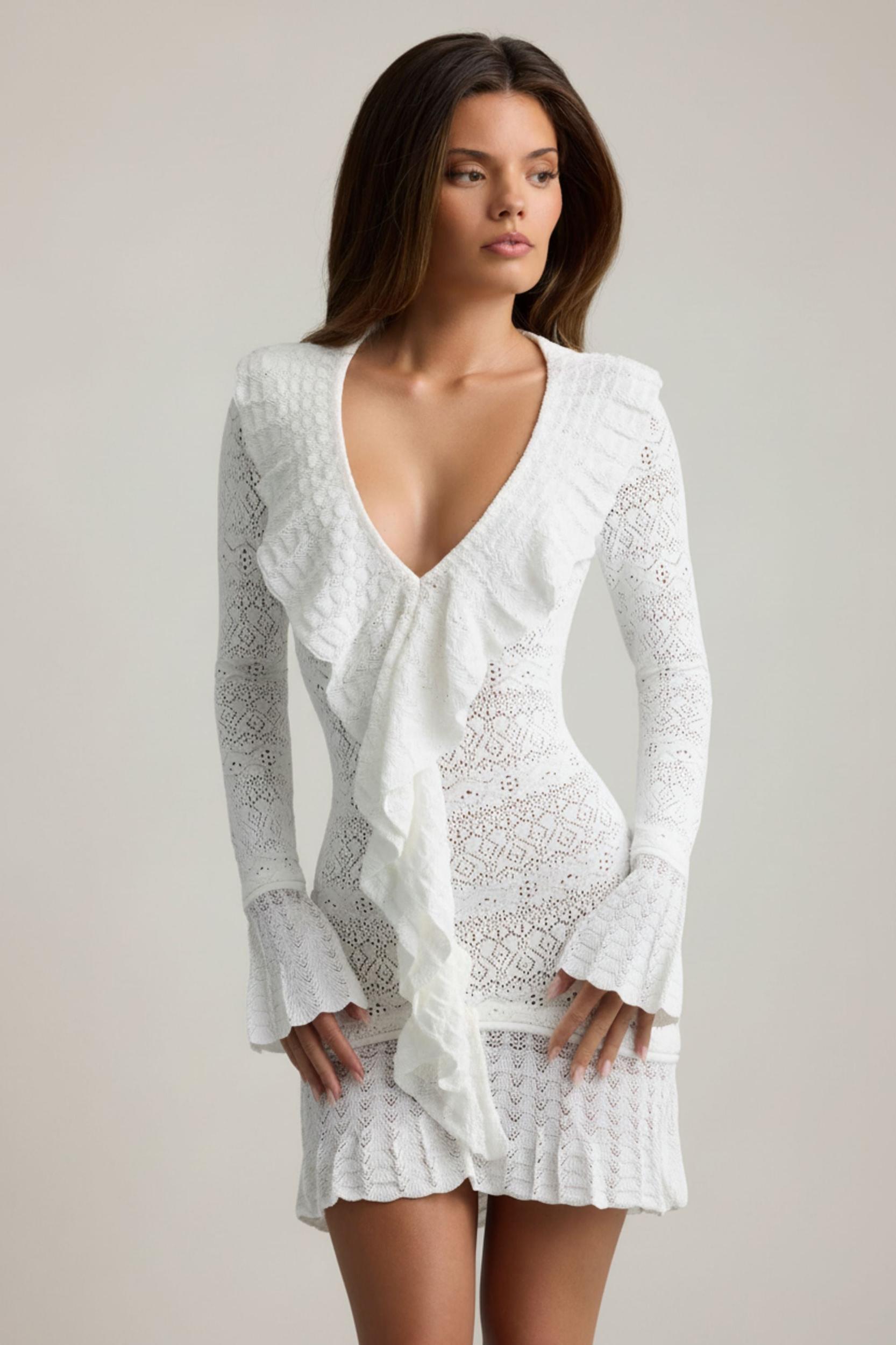 Ruffle-Trim Pointelle-Knit Mini Dress in White Product Image