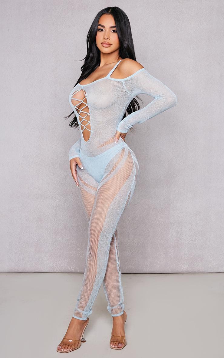 Petite Light Blue Knitted Sheer Jumpsuit Product Image