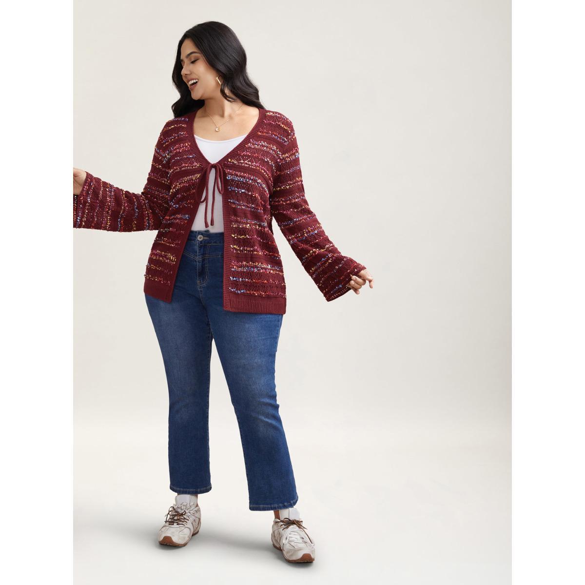 Plus Size Striped Front-Tie Cut-Out Cardigan Deepred Women Casual Loose Long Sleeve Everyday Cardigans BloomChic 28/5X Product Image