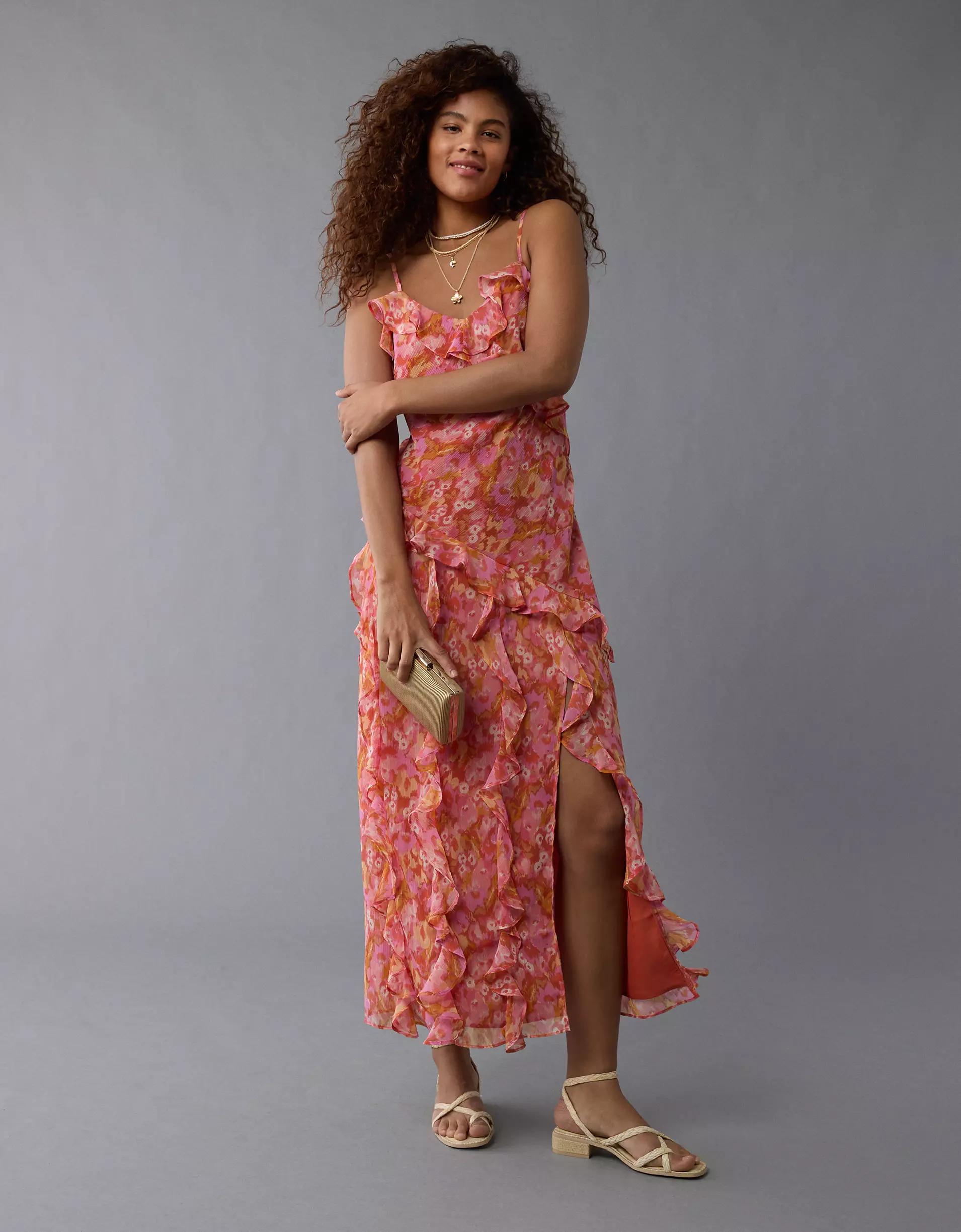 AE Asymmetrical Ruffle Maxi Slip Dress Product Image