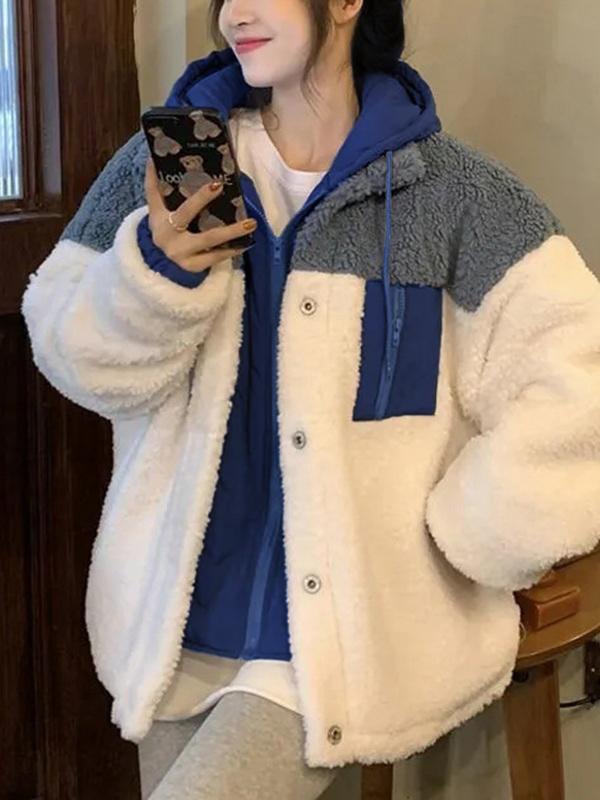 Patchwork Button Down Fleece Hooded Jacket Product Image