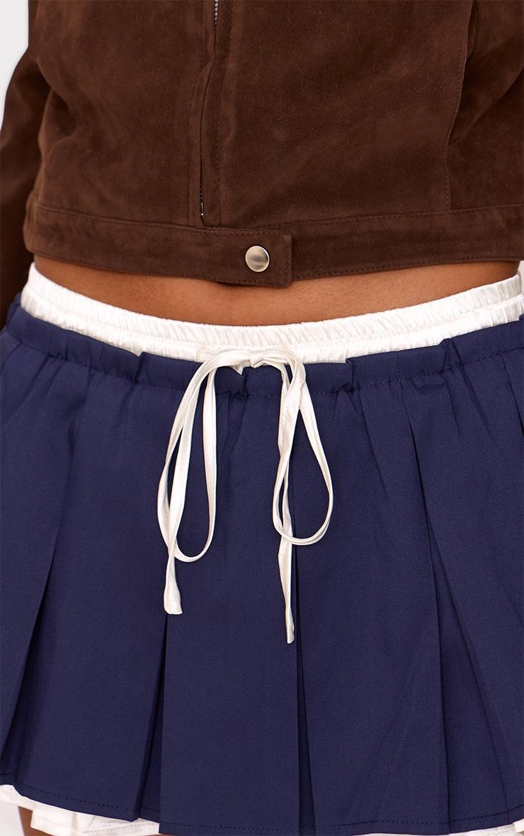 Navy Satin Double Waistband Detail Tailored Woven Pleated Mini Skirt Product Image