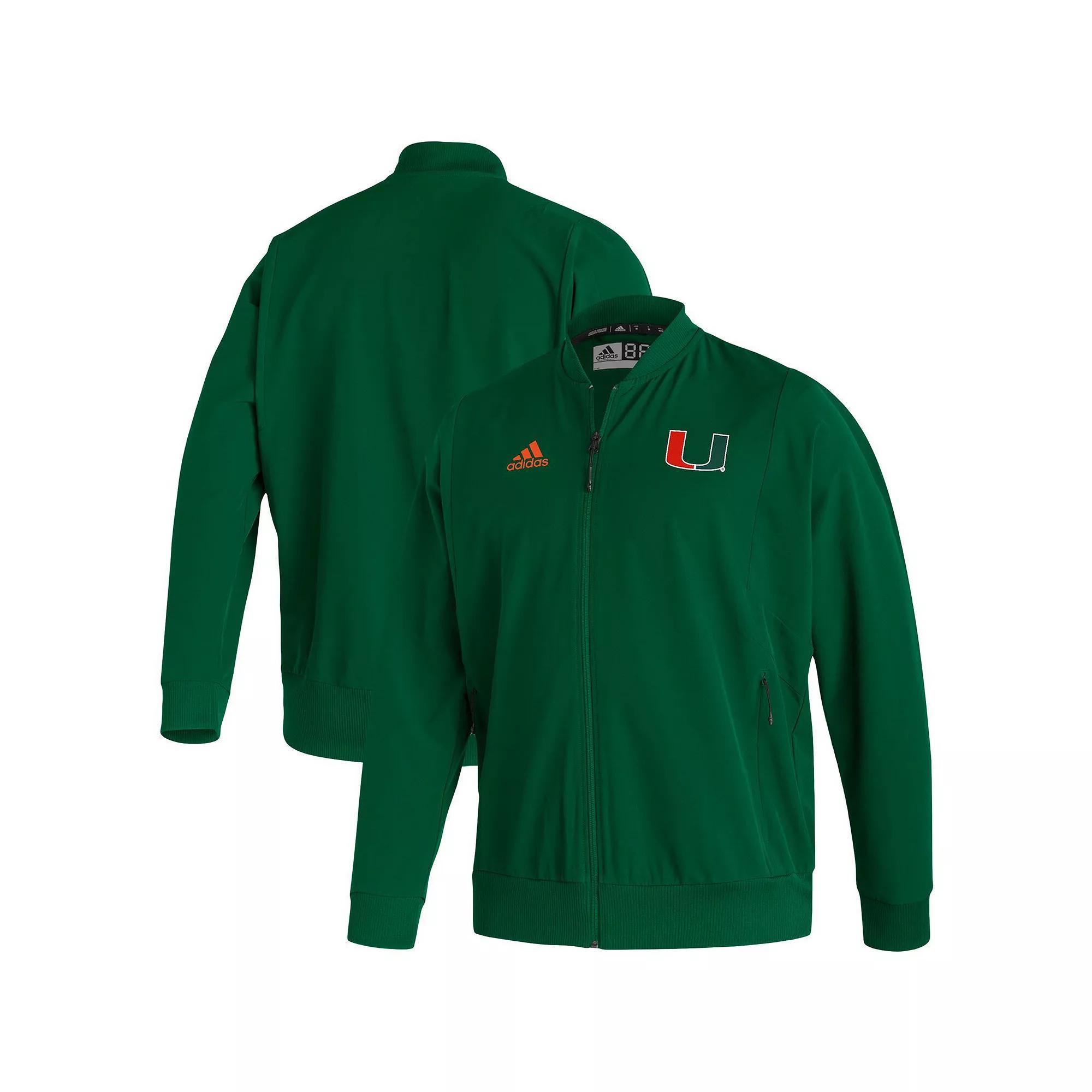 Men's adidas Green Miami Hurricanes 2021 Sideline Woven Primeblue Full-Zip Bomber Jacket, Size: Medium, Team Product Image
