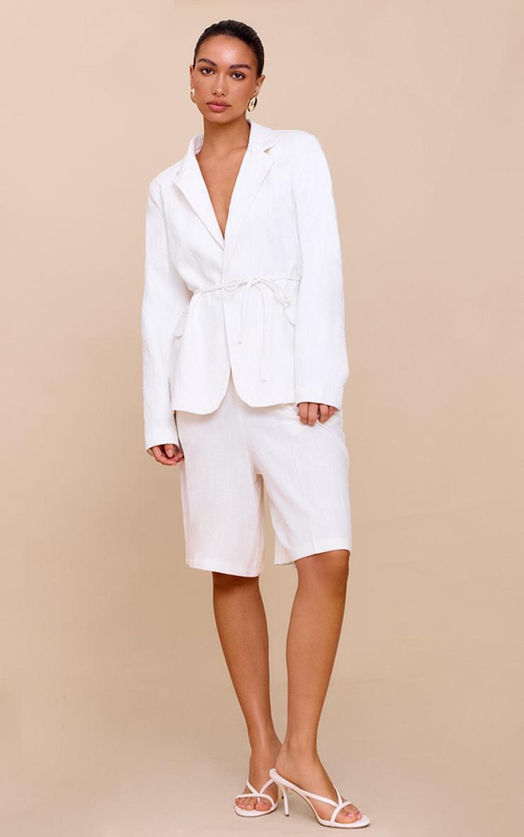Off White Linen Look Tie Waist Blazer Product Image