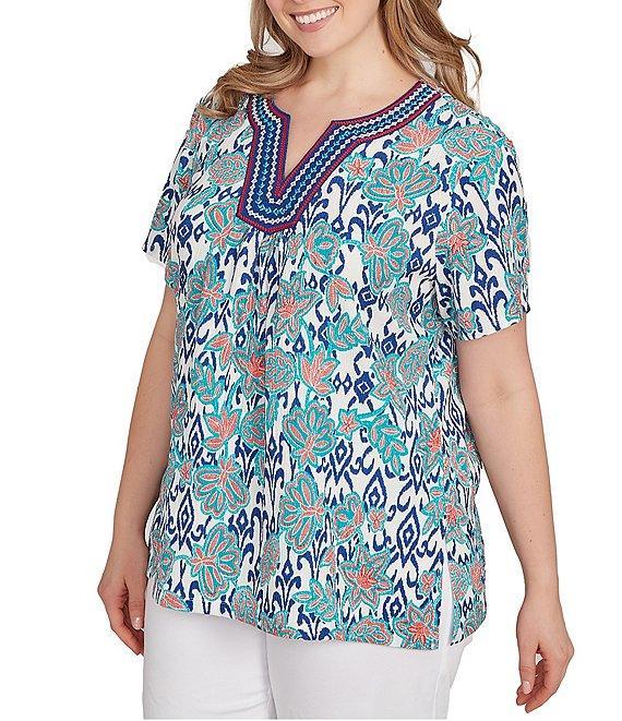 Ruby Rd. Plus Size Embroidered Knit Printed Split V-Neck Short Sleeve Top Product Image