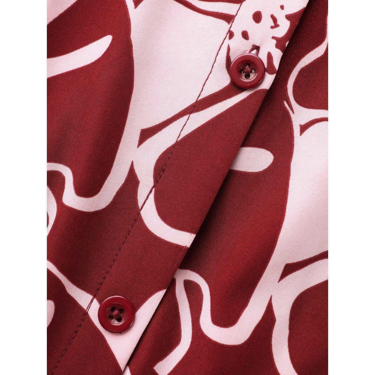 Plus Size Floral Button Up Belted Dress Burgundy Women Timeless Belted Round Neck Long Sleeve Curvy BloomChic 26/4X Product Image