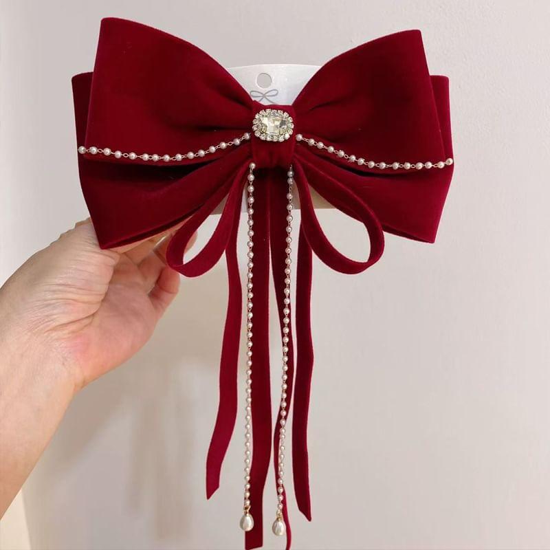 Bow Rhinestone Velvet Hair Clip Product Image