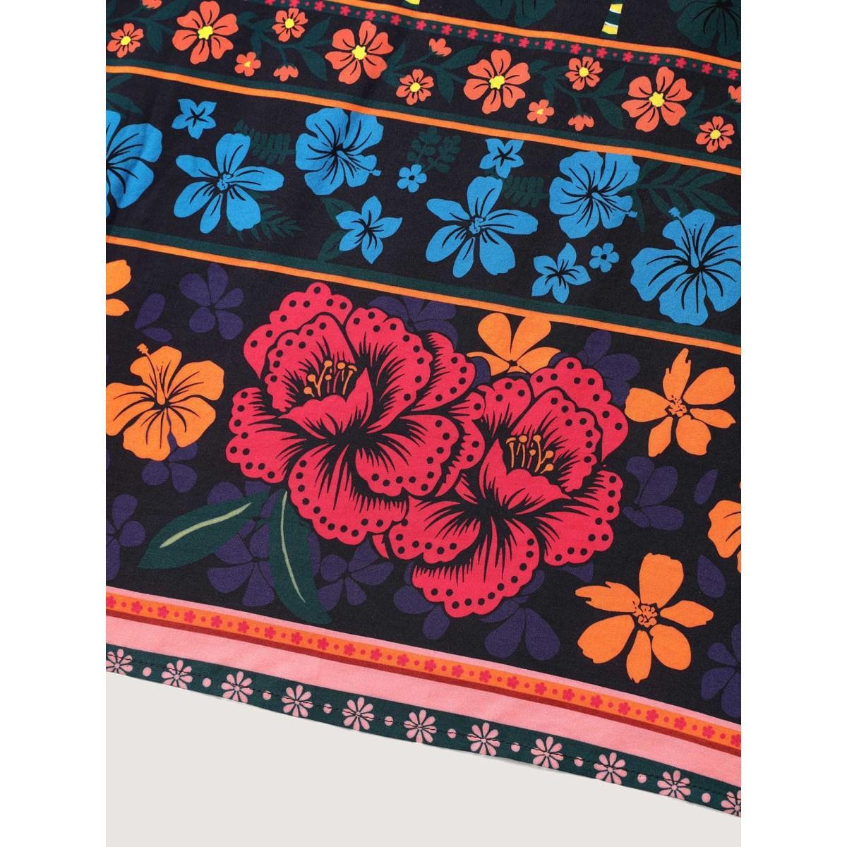 Plus Size Boho Floral Print Notched Collar Midi Dress Black Women Notched collar Short sleeve Curvy BloomChic 10/M Product Image