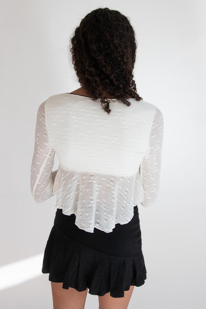 Curved Hem Lace Long Sleeve Bow Top Product Image